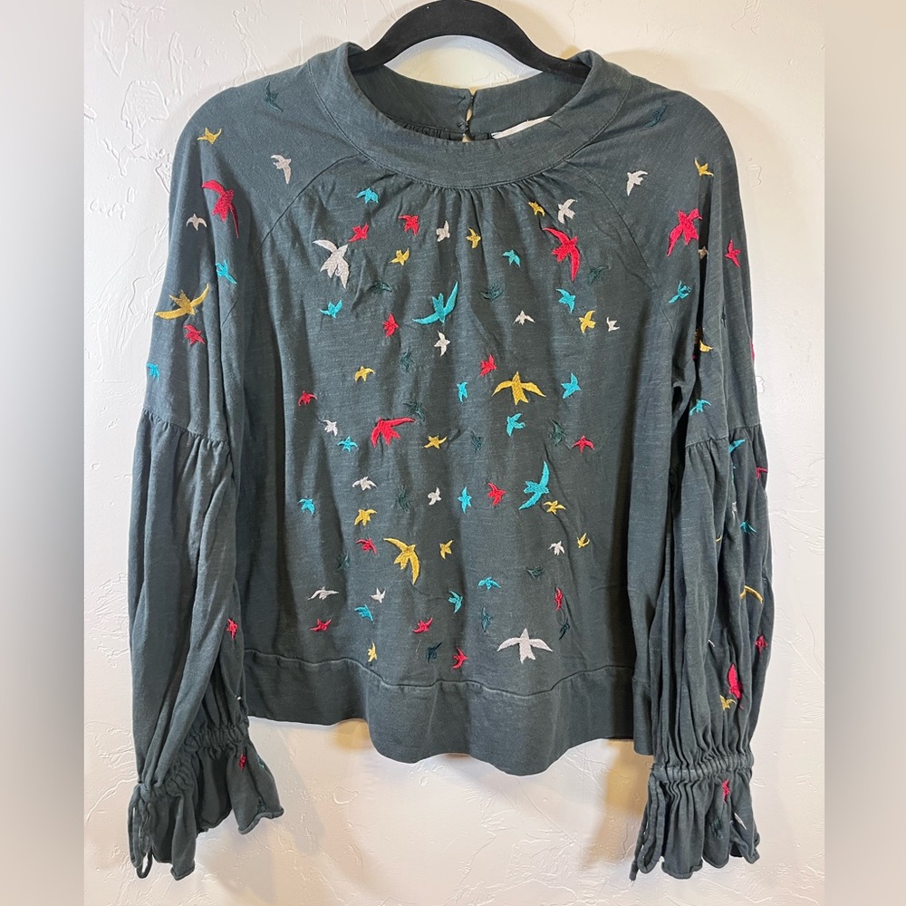 Ranna Gill Dark Teal Blouse with Multicolor Bird Embroidery